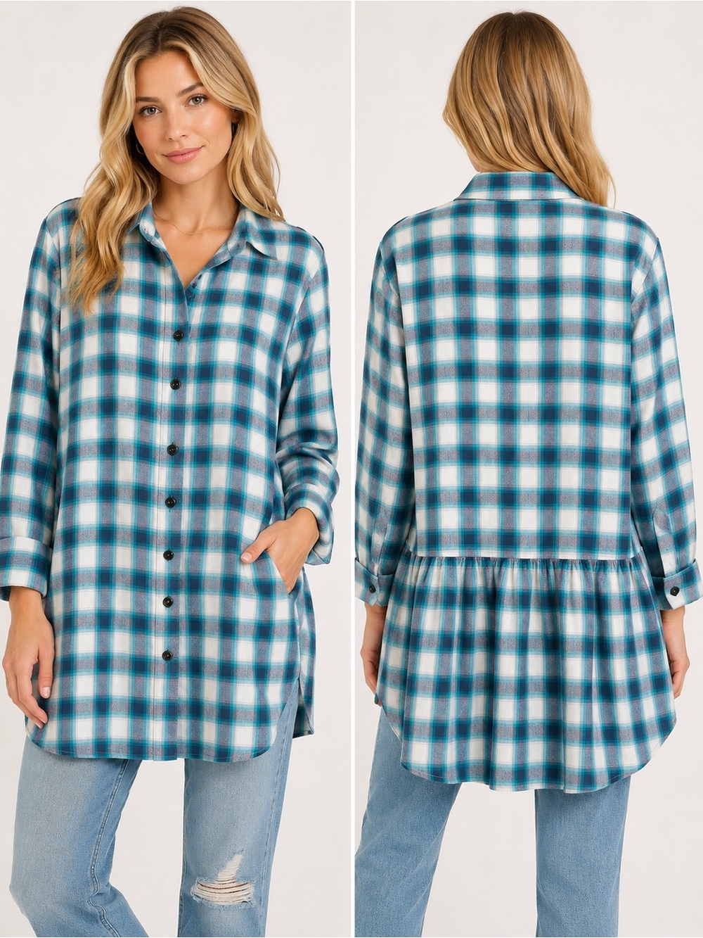 Easel Los Angeles Plaid Babydoll Button Front Tunic | NWOT | Size Large